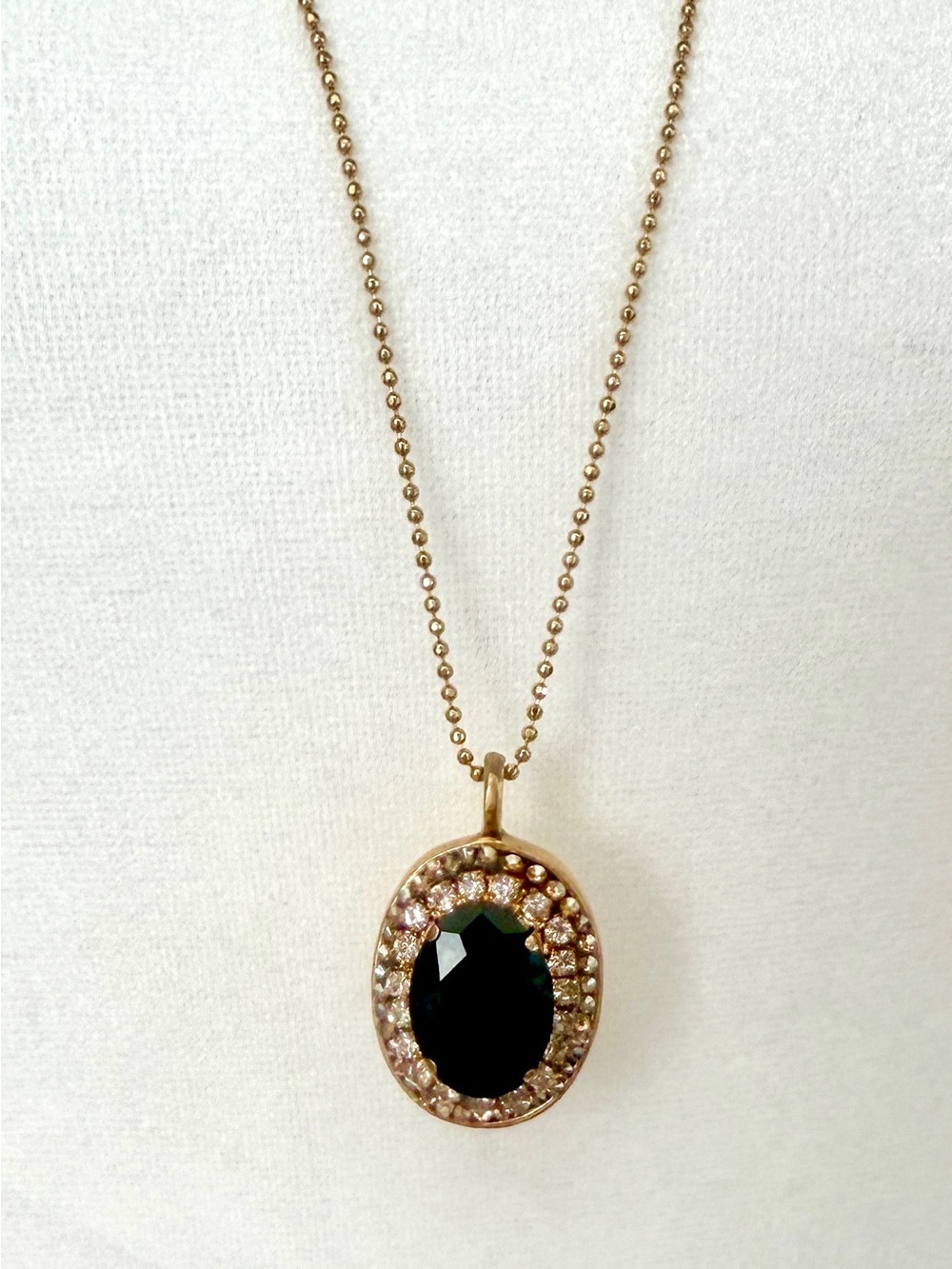 Gold-Plated Black Stone Necklace w/ Crystal Accents. Mustard Seed , 30 in. Chain - Picture 3 of 5